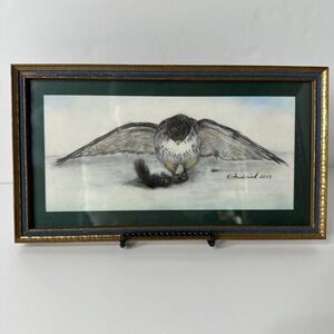 Bird of Prey Original Art Signed R Frederick 2013 Framed Hawk Falcon 12x6.5"